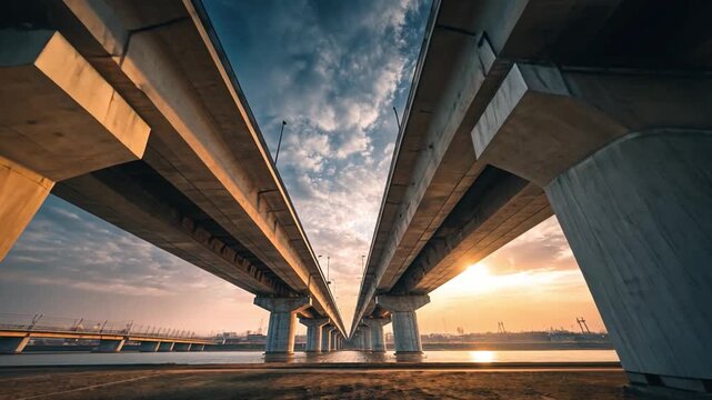 bridge - built structure, elevated highway bridge over river with dramatic sky, civil engineering marvel.