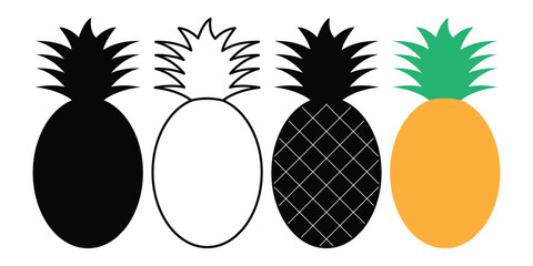 Stylized Pineapple Silhouettes, Six Black Pineapples on White Background Vector.