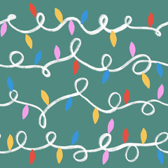 Hand-drawn Christmas lights seamless pattern. Festive holiday doodle background with colorful string lights. Simple winter celebration illustration for wrapping paper, fabric, or cards.