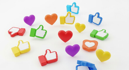 Vibrant Social Media Likes and Hearts Collection on White Background