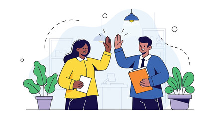 Vector art of two colleagues are celebrating a successful project with a high five in a modern office with plants