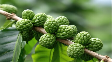 Fototapeta premium Green fruit clusters growing on a branch in a tropical garden during daylight hours