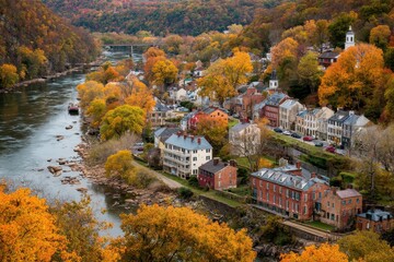 Obraz premium Small Town West Virginia: Harper's Ferry Overlook with Colorful Foliage by Shenandoah River