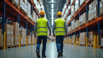 Two warehouse workers walk along storage racks. They wear safety vests and helmets. Men inspect goods ready for distribution. Logistics and shipping process is in action.