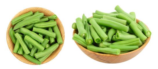 Green beans in wooden bowl isolated on a white background , Top view. Flat lay