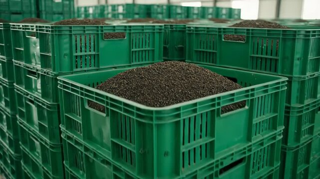 Green Plastic Storage Bins Stacked in a Warehouse Environment