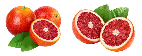 Blood red oranges with half isolated on white background with full depth of field