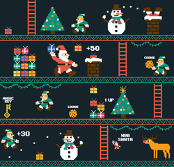Retro Christmas pixel art video game illustration. 8-bit holiday scene with Santa, elf, and snowman characters. Festive winter arcade background for geeky cards, posters, or prints.