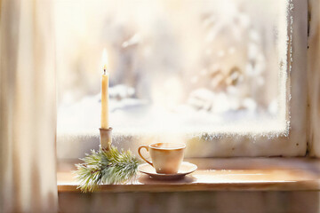 Warm watercolor still life of a candle and cup on a frosty window. Soft winter light and gentle tones create a cozy, peaceful atmosphere for seasonal decor and wall art