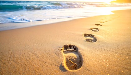A sunlit beach scene features sandy footprints leading towards the breaking waves. The golden light casts long shadows, creating a warm and inviting atmosphere