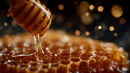 Artistic close-up of honey slowly dripping from hexagonal honeycomb cells, amber liquid catching light, subtle highlights on wax structure, black background enhancing visual drama