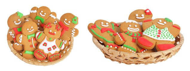 christmas gingerbread cookie in a wicker basket isolated on white background