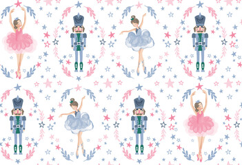 Nutcracker and ballerina seamless pattern. Cute Christmas ballet background with stars and wreaths. Whimsical winter holiday illustration for girls' fabric, nursery wallpaper, or gift wrap. © Creativezone