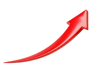 A bright red upward curving arrow indicating progress and growth isolated on transparent background