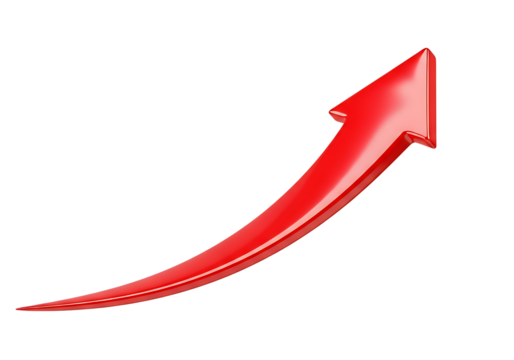 A bright red upward curving arrow indicating progress and growth isolated on transparent background