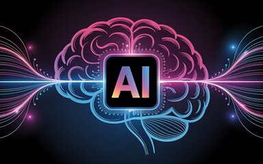 Futuristic illustration of artificial intelligence technology featuring a brain symbol with ai text and digital connections representing data processing