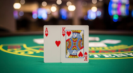 Blackjack King Ace Combination on Green Felt Table with Blurred Lights