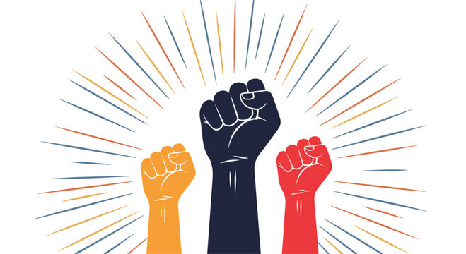 Three raised fists of solidarity in different colors with rays of light.