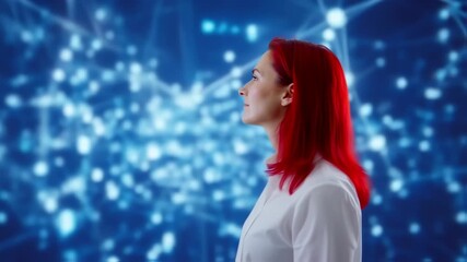 Woman with bright red hair in a white shirt faces away from a digital, blue network background - Powered by Adobe