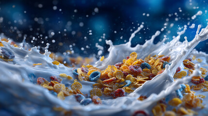 Cinematic splash of milk with cornflakes, oat clusters, and colorful loops bursting outward, droplets and cereal frozen in time, vibrant blue background creating striking contrast