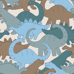 Cute dinosaur seamless pattern. Hand-drawn dino characters in muted colors. Prehistoric animal background for kids' and boys' fabric, nursery wallpaper, or textile design. © Creativezone