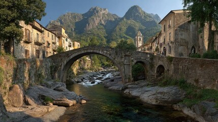 Ancient stone bridge over river with buildings and mountain range backdrop