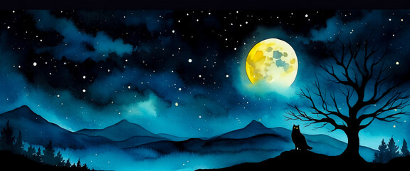 Watercolor landscape illustration with dark mountains and a shining moon. Silhouette forest under blue night with bright moonlight. Enchanted night scene with catlike creature under tree. 