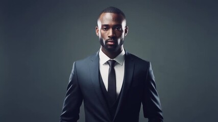 Cinematic footage of confident man adjusting suit and walking toward camera on a seamless gray background with luxury fashion energy professional attitude and premium tone perfect for business brandin