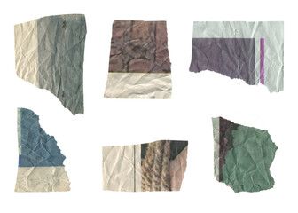 Collection of different color wrinkled paper samples isolated. Set of torn pieces of aged newspaper...