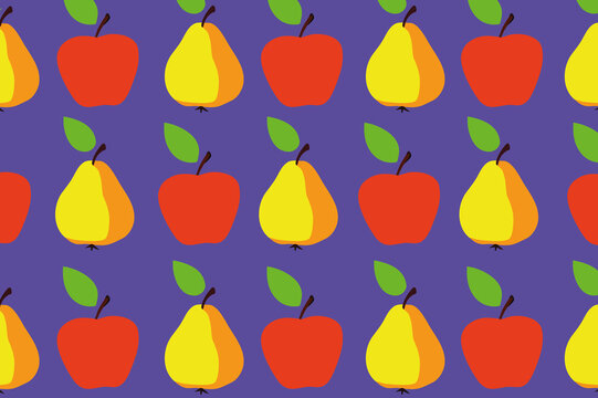 Colorful Pattern With Apples and Pears on a Purple Background