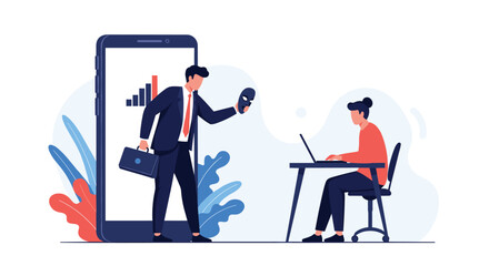 Fototapeta premium Man in suit holding mask coming out of smartphone screen confronting person at desk with laptop.