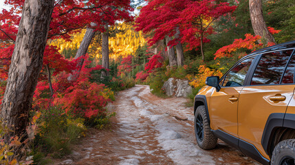 Perspective shot of a gold SUV in an autumn forest, dirt road covered with leaves, bright sunlight reflecting off metallic paint, trees with rich red, orange, and yellow leaves tow
