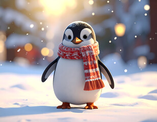 Cute Cartoon Penguin with Red Scarf Standing in Snowy Winter Scene