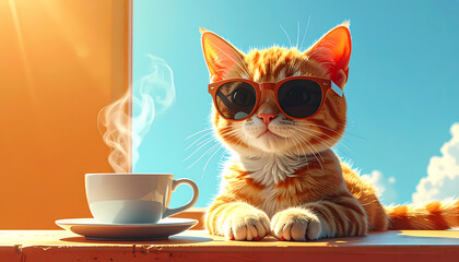 Illustration of Ginger Cat Wearing Sunglasses with Hot Drink Concept