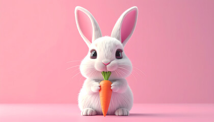 Cute Fluffy Rabbit Holding Carrot Pet Animal in Pastel Pink Background