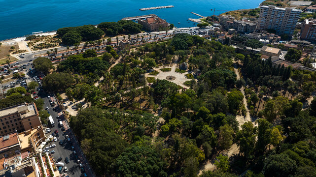 Aerial view of Villa Giulia public park in Palermo, Sicily, Italy. It is a green area near the city's waterfront.
