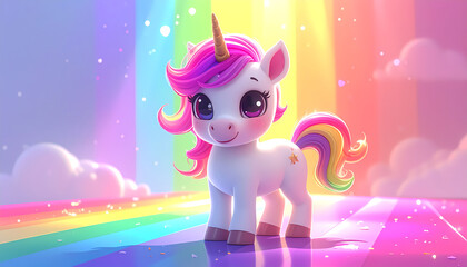 Adorable Cartoonish Unicorn with Rainbow Mane and Tail on Rainbow Road