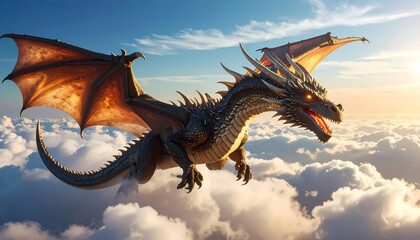 Majestic Fantasy Dragon Soaring Above Clouds at Sunrise Digital Art