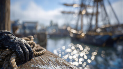 Obraz premium Dockside scene with gloved hand holding coiled rope, large vessel in background softly out of focus, clear sky overhead, sparkling water, detailed textures on rope and weathered do