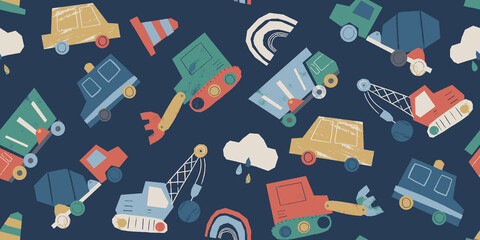 Cute construction vehicles seamless pattern. Kids background with trucks, excavators, and cars for boys. Hand-drawn transport illustration for nursery fabric, wallpaper, or textile print.