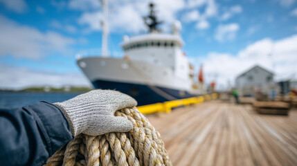 Fototapeta premium Gloved hand holding coiled rope on a dock, large research vessel visible in the blur behind, bright daylight, rope fibers detailed and weathered, cinematic perspective highlighting