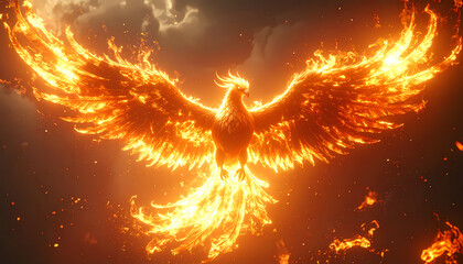 Majestic Fiery Phoenix Soaring with Graceful Wings Against Dramatic Sky Fantasy