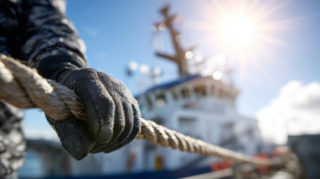 Thick rope tightly held by gloved hand, soft-focus research vessel in harbor behind, bright sun overhead casting shadows on rope and glove, crisp textures with cinematic framing