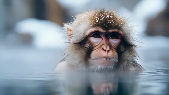 Japanese Macaque Enjoying a Hot Spring Bath in Winter.