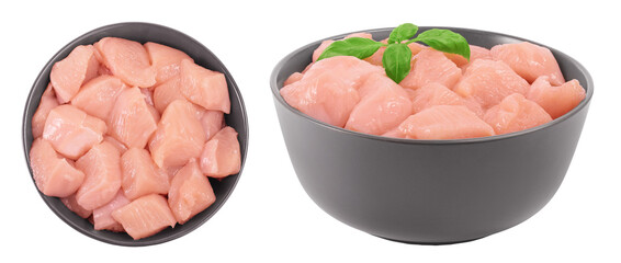 Raw diced chicken fillet in ceramic bowl isolated on white background. Top view. Flat lay