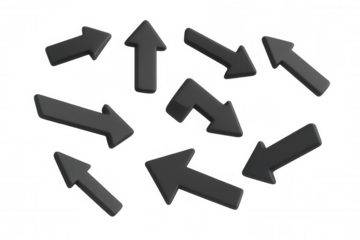 Random black 3d arrows pointing in multiple directions, creating a sense of confusion and choice on transparent background