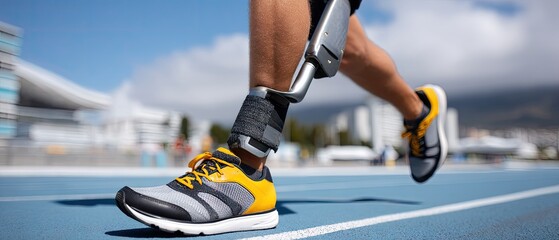 Runner with a prosthetic leg training on a track in bright sunlight, showing determination and resilience while preparing for an upcoming competition