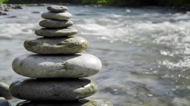 Stacked Stones by a Flowing River Serene and Balanced Nature Scene
