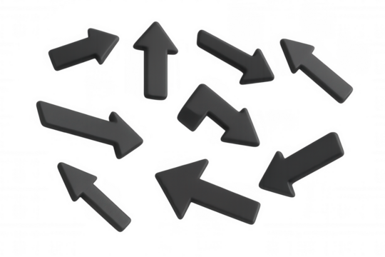 Random black 3d arrows pointing in multiple directions, creating a sense of confusion and choice on transparent background