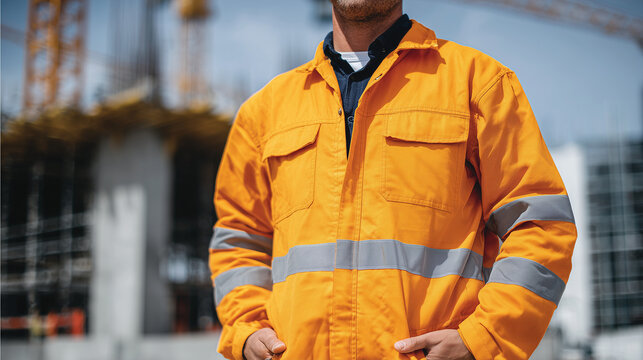 Close-up of construction worker in neon yellow jumpsuit, hands casually in pockets, blurred interior site with concrete walls and hanging wires, sunlight casting soft shadows on wo - Powered by Adobe